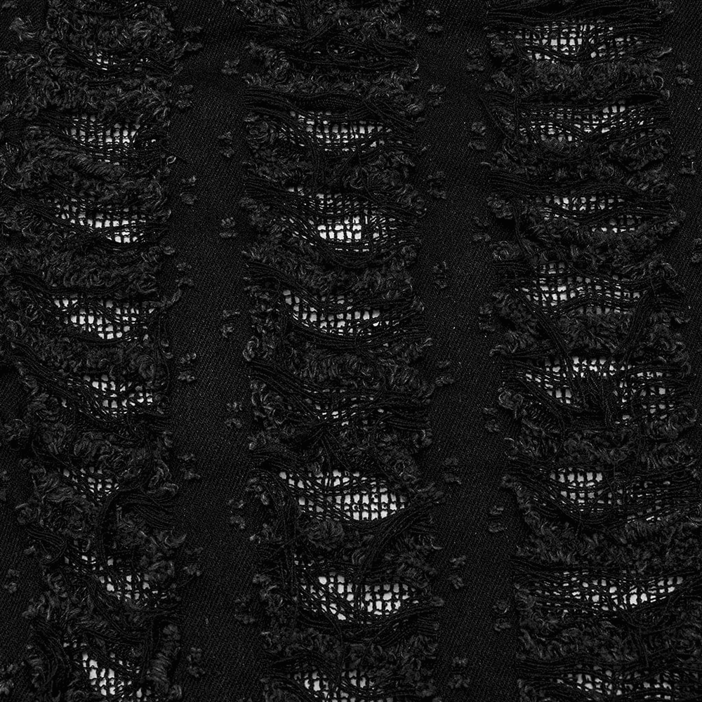 Close-up of textured black fabric with layered mesh overlays, showcasing a gothic style ideal for capes and apparel.