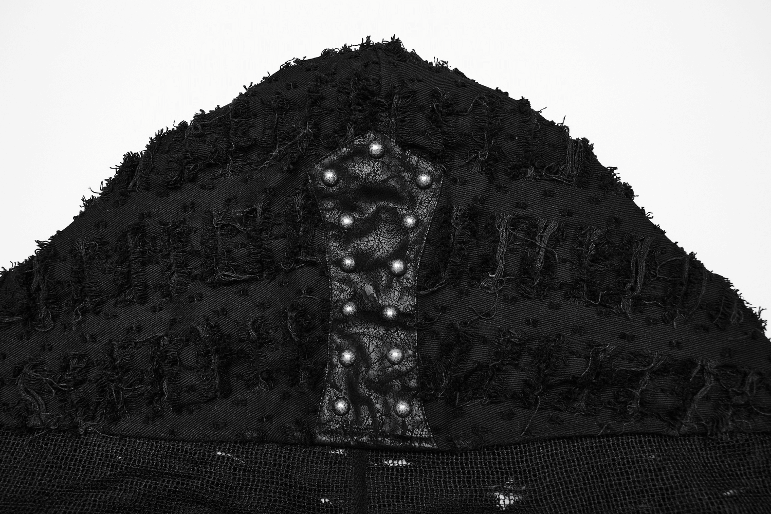 Close-up of the textured black hood from a Gothic women's hooded cape featuring intricate patchwork and embellishments.