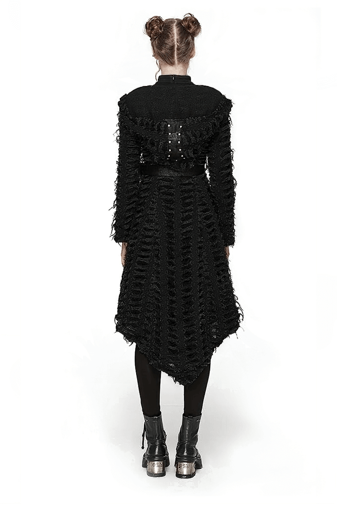 Gothic women's black hooded cape with belt and mesh, featuring a unique asymmetrical hem and stylish patchwork.