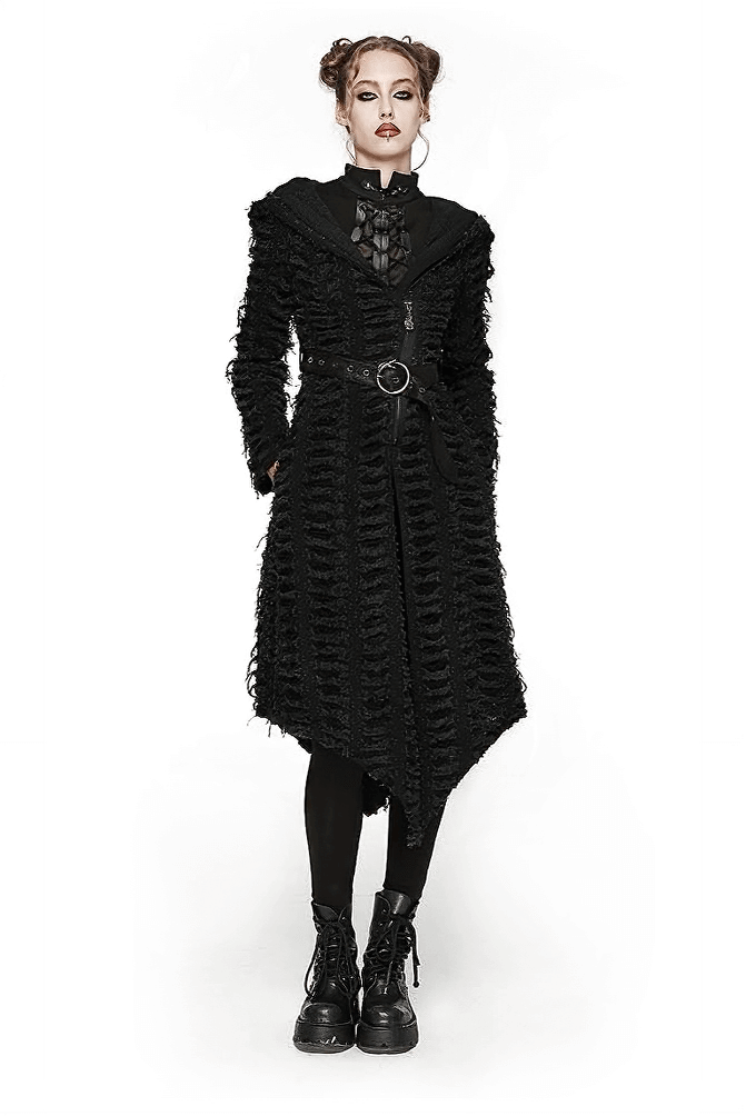 Gothic women's black hooded cape with belt and mesh, featuring distressed texture and asymmetrical hemline.