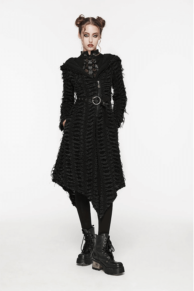 Gothic women's black hooded cape with belt, featuring unique textured fabric and stylish asymmetrical design.