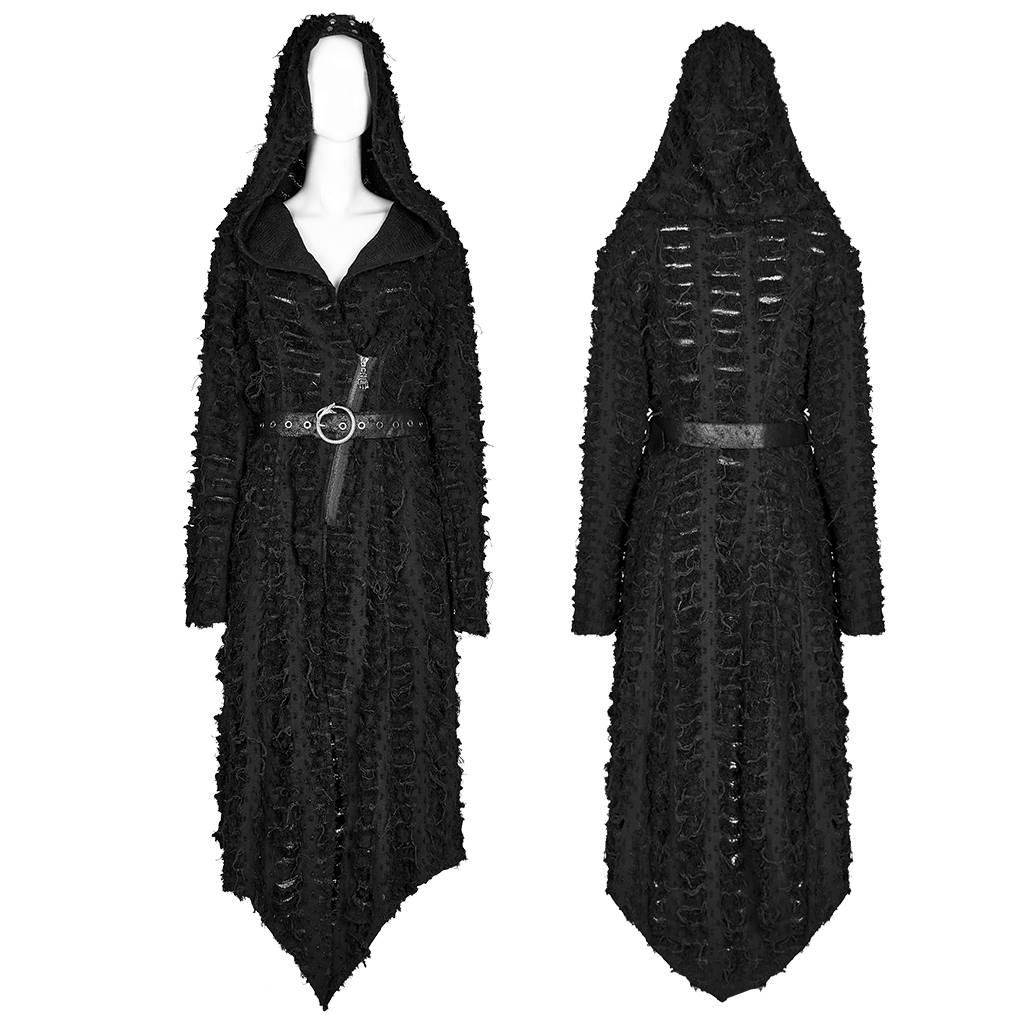 Asymmetrical gothic women's black hooded cape with mesh and belt, featuring a dramatic uneven hemline and tailored fit.