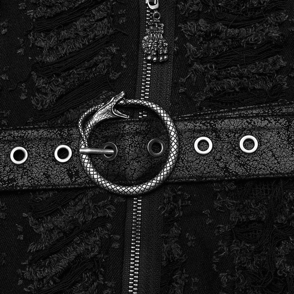 Close-up of a Gothic black belt featuring a snake motif buckle, enhancing the edgy look of a hooded cape.