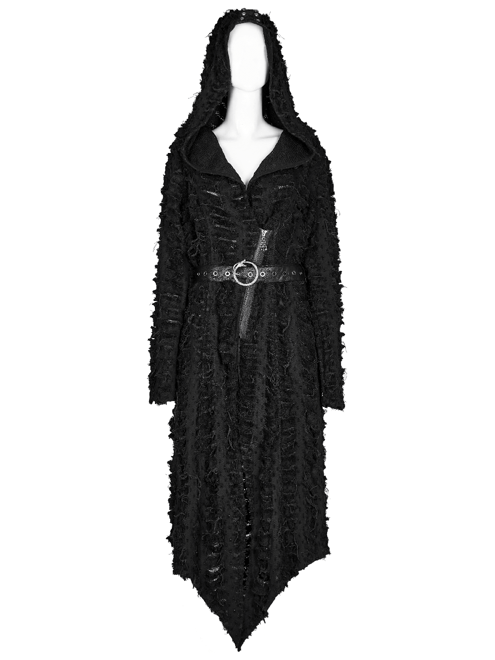 Gothic black hooded cape for women with belt and asymmetrical hemline, featuring distressed twill texture and mesh overlays.