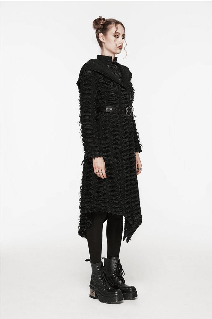 Asymmetrical black hooded gothic cape for women, featuring a defined belt and textured patchwork design.
