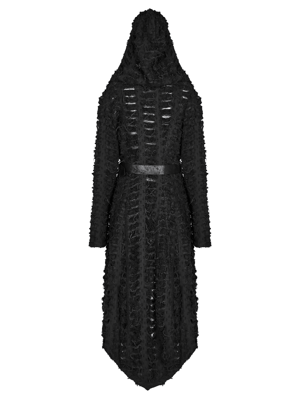 Gothic women's black hooded cape with belt, featuring a unique distressed texture and uneven hemline.