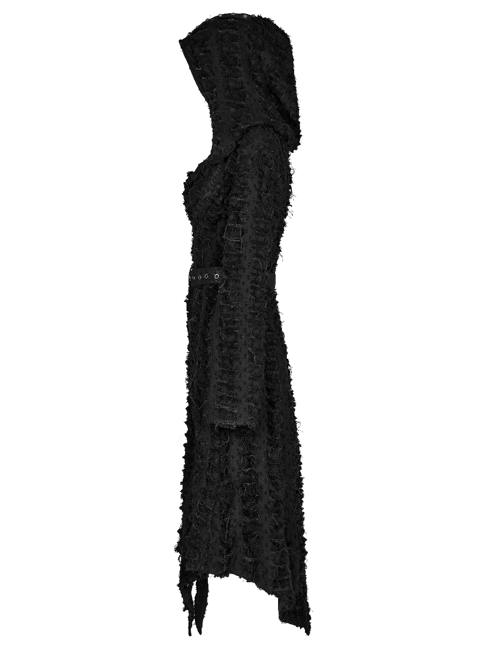 Gothic women's black hooded cape with belt and mesh, featuring a stylish asymmetrical design and distressed twill texture.