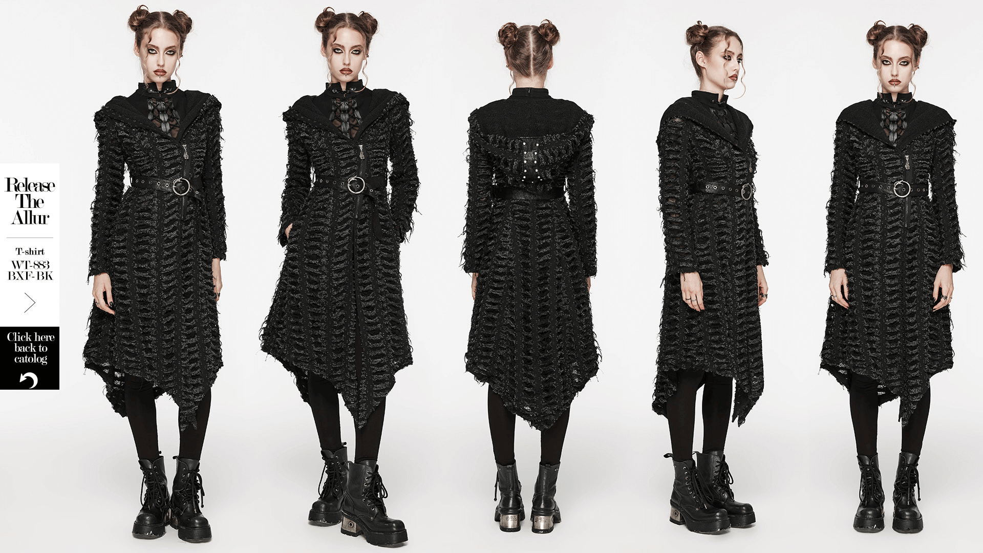 Gothic women's black hooded cape with belt and mesh, featuring asymmetrical hem and dramatic design for a stylish look.