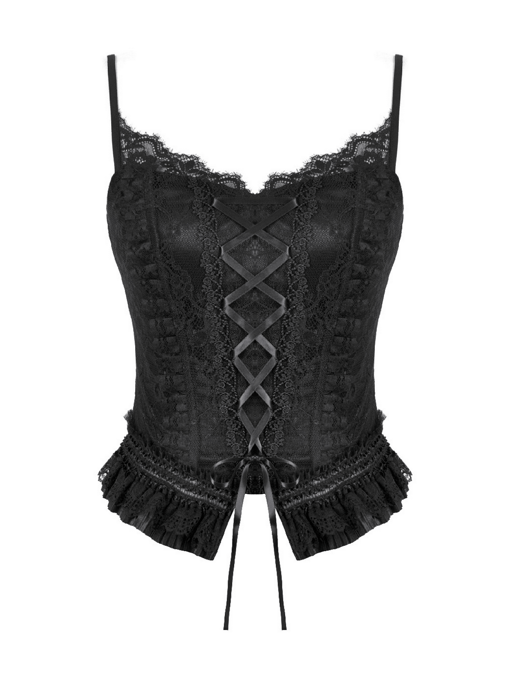 Gothic Women's Black Lace Court Lace-Up Camisole featuring corset detail and ruffle edging.