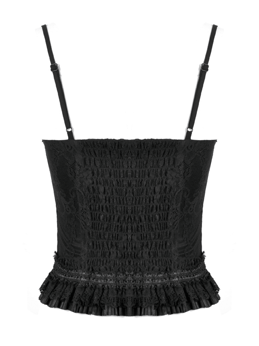 Gothic Women's Black Lace Court Lace-Up Camisole back view showcasing lace detail and ruffle edging.
