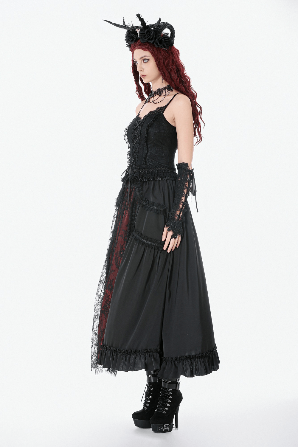 Gothic Women's Black Lace Court Lace-Up Camisole worn with a long skirt and accessories, showcasing gothic fashion style.