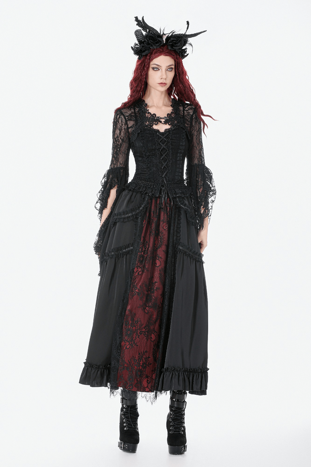Gothic Women's Black Lace Court Lace-Up Camisole worn by model with red hair and dramatic gothic accessories.