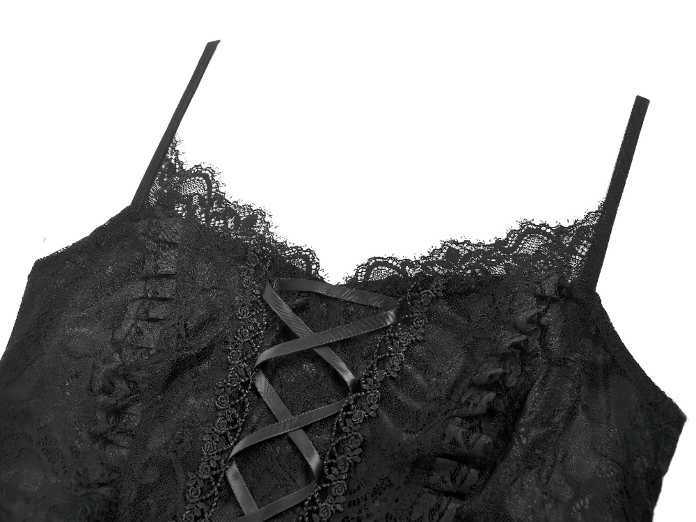 Gothic Women's Black Lace Court Lace-Up Camisole featuring delicate lace, corset detail, and adjustable straps.