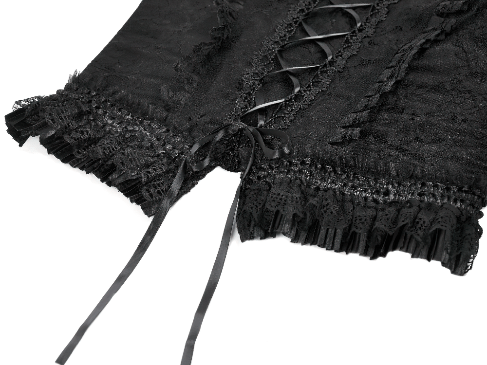 Gothic Women's Black Lace Court Lace-Up Camisole featuring ruffled edges and lace-up corset detail.