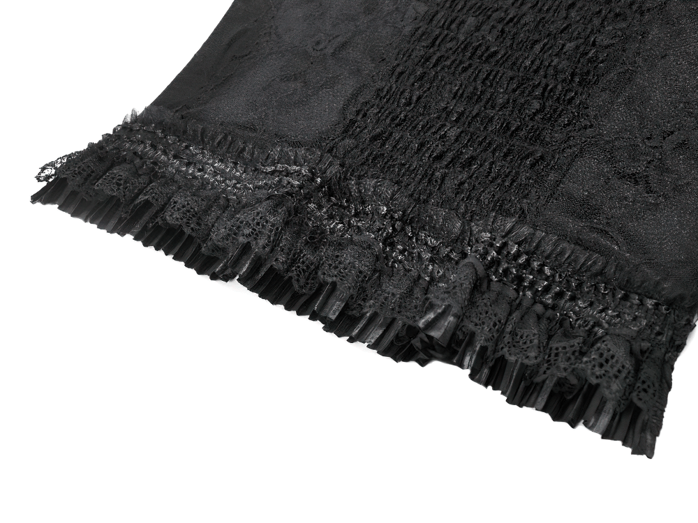 Close-up of Gothic Women's Black Lace Court Lace-Up Camisole with delicate ruffle edging and intricate lace details.