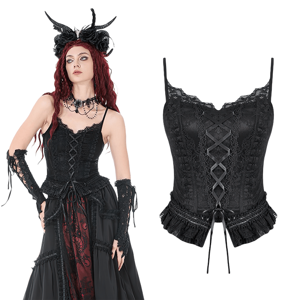 Gothic Women's Black Lace Court Lace-Up Camisole with corset detail and delicate lace panels.