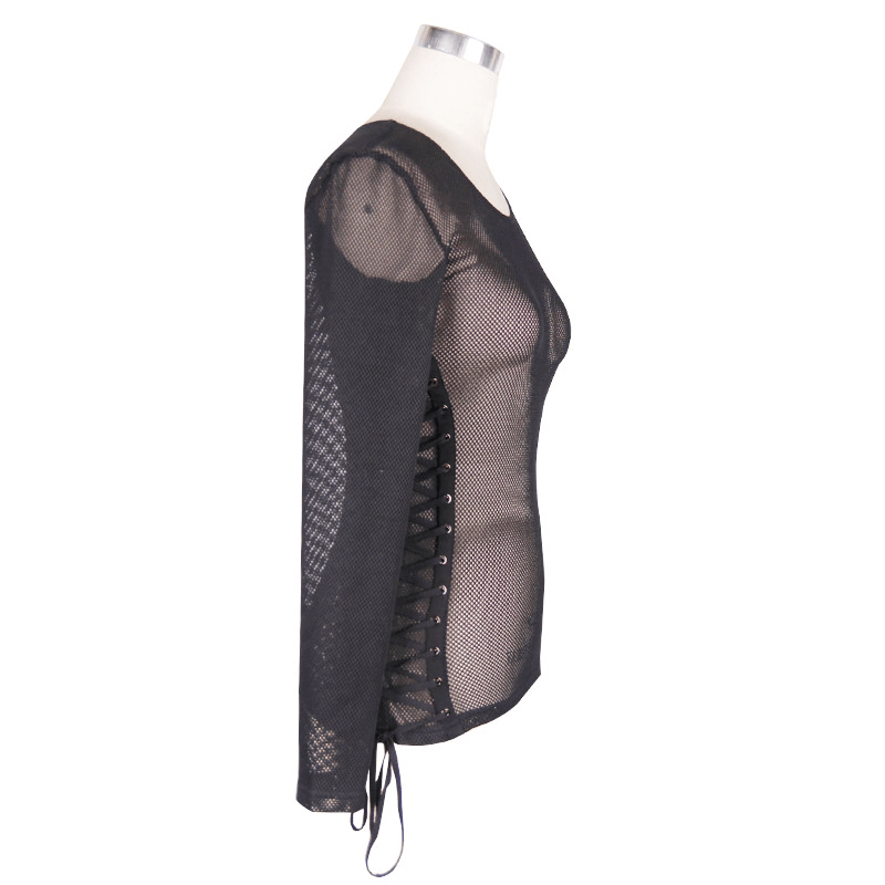Gothic women's black mesh long sleeves top with trendy lace-ups on the sides for a stylish look.