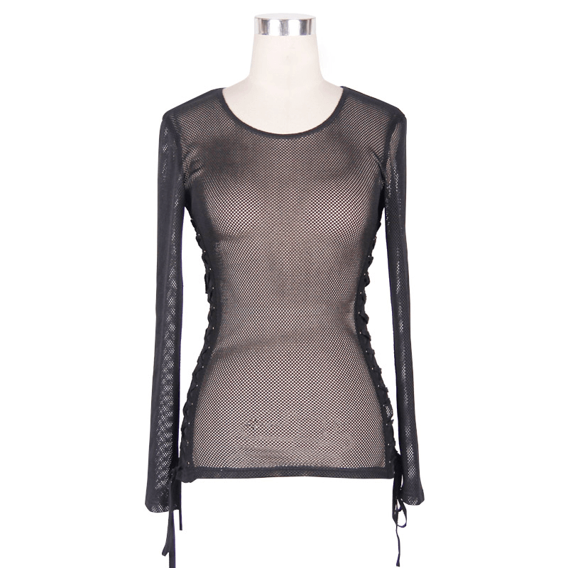 Gothic women's black mesh long sleeves top with lace-up sides for a trendy, stylish look in transparent fabric.