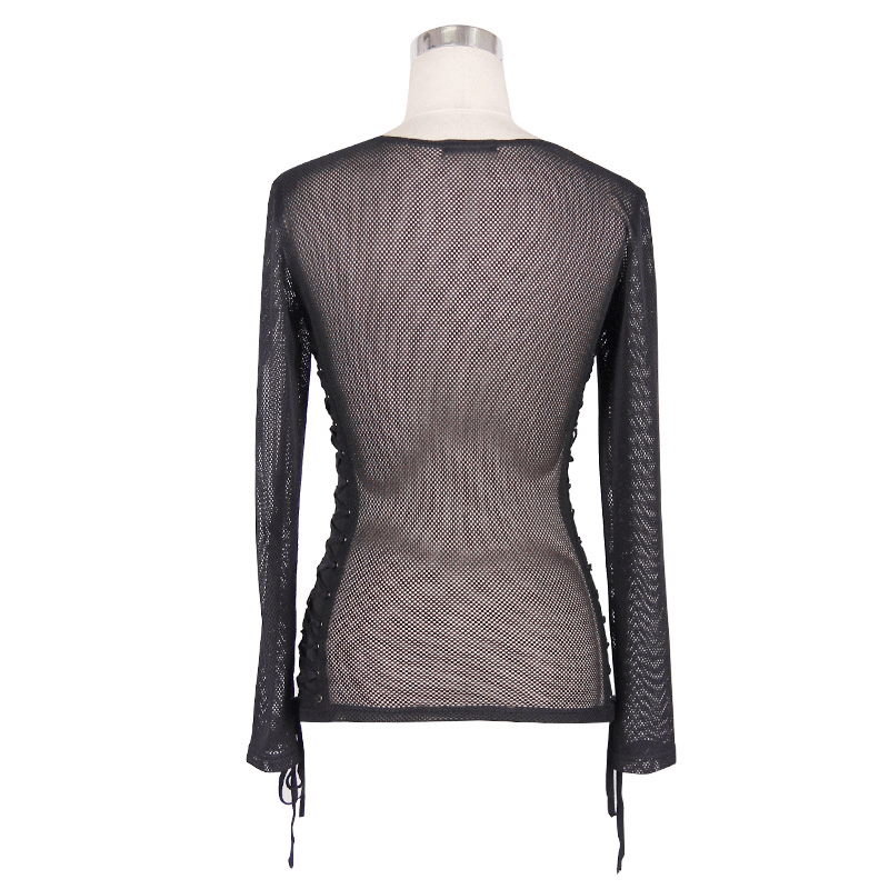 Back view of a gothic women's black mesh long sleeves top with lace-up sides, perfect for a trendy, edgy wardrobe.