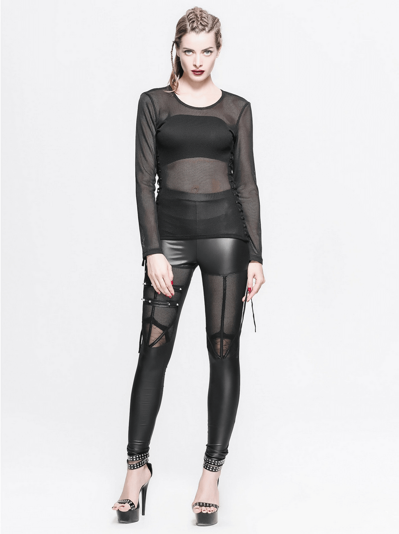 Gothic women's black mesh long sleeves top with lace-up details, paired with stylish black leggings for a chic look.