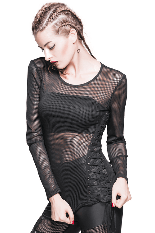 Top gótico de manga larga de malla negra para mujer/Tops transparentes para mujer con cordones en los laterales