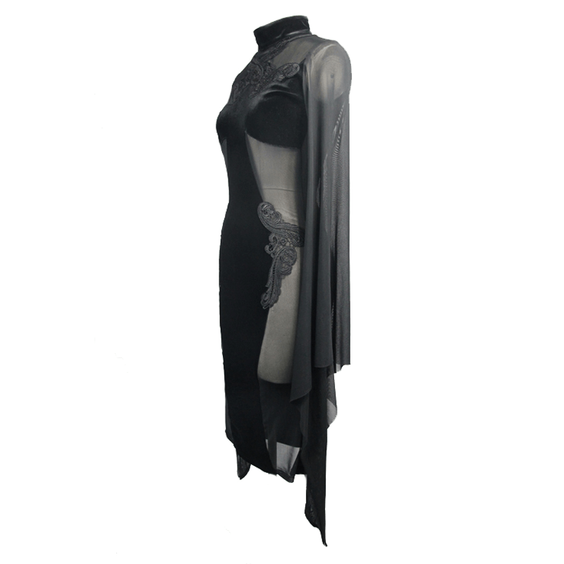 Gothic women's black midi dress with transparent sides and flared sleeves, featuring elegant velvet details.
