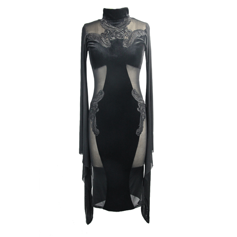 Gothic women's black midi dress featuring elegant velvet, transparent sides, and flared sleeves for a unique style.