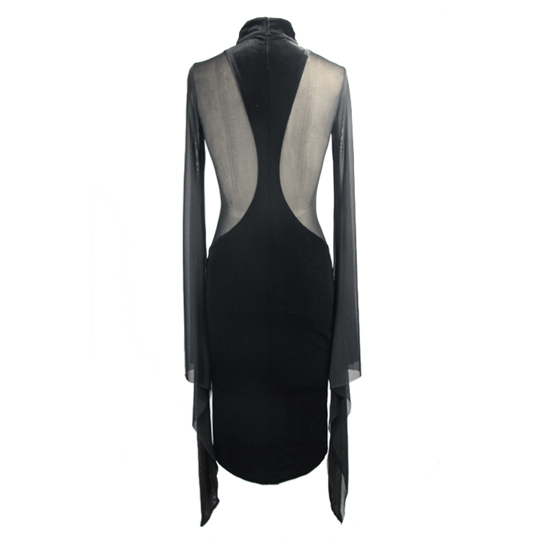 Elegant black gothic midi dress with transparent sides and flared sleeves from the back view.