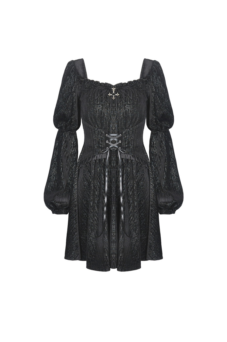Gothic black mini dress with puffed sleeves and lace detailing, perfect for a dark aesthetic and themed parties.