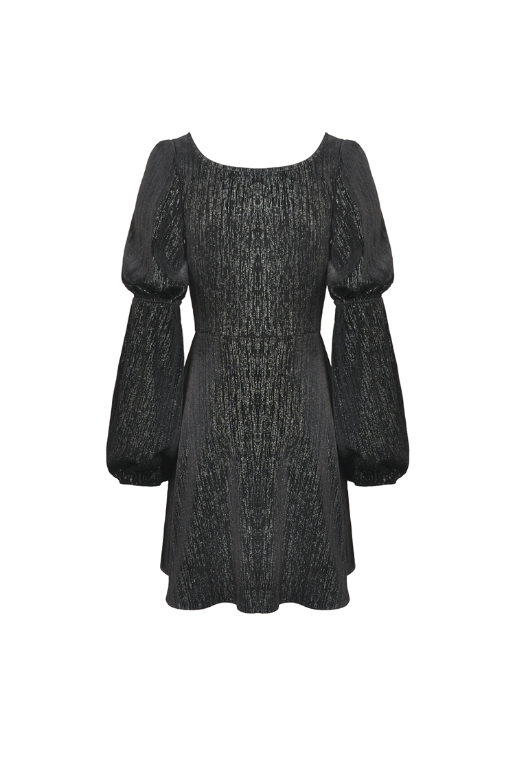 Gothic women's black mini dress with puffed sleeves, featuring intricate lace and a cinched waist for elegant dark aesthetic.
