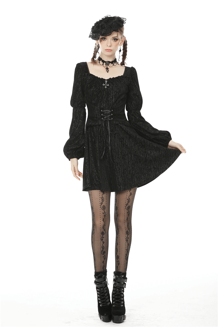 Gothic Women's Black Mini Dress with Puffed Sleeves