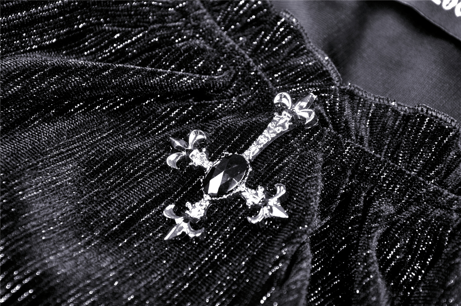 Close-up of intricate lace detailing with a black cross on Gothic mini dress, perfect for dark aesthetic fashion.