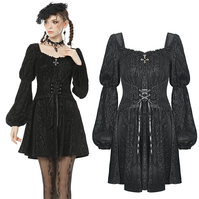 Elegant gothic black mini dress with puffed sleeves and intricate lace detailing, perfect for themed parties and everyday wear.