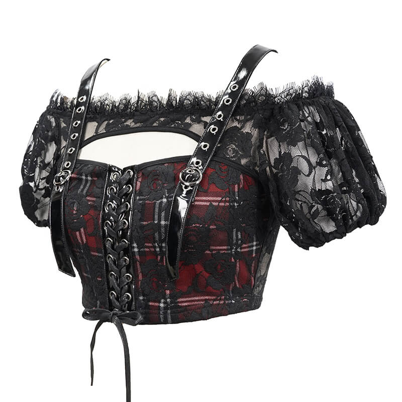 Gothic black and red plaid crop top with lace detail and puff sleeves, perfect for a trendy wardrobe.