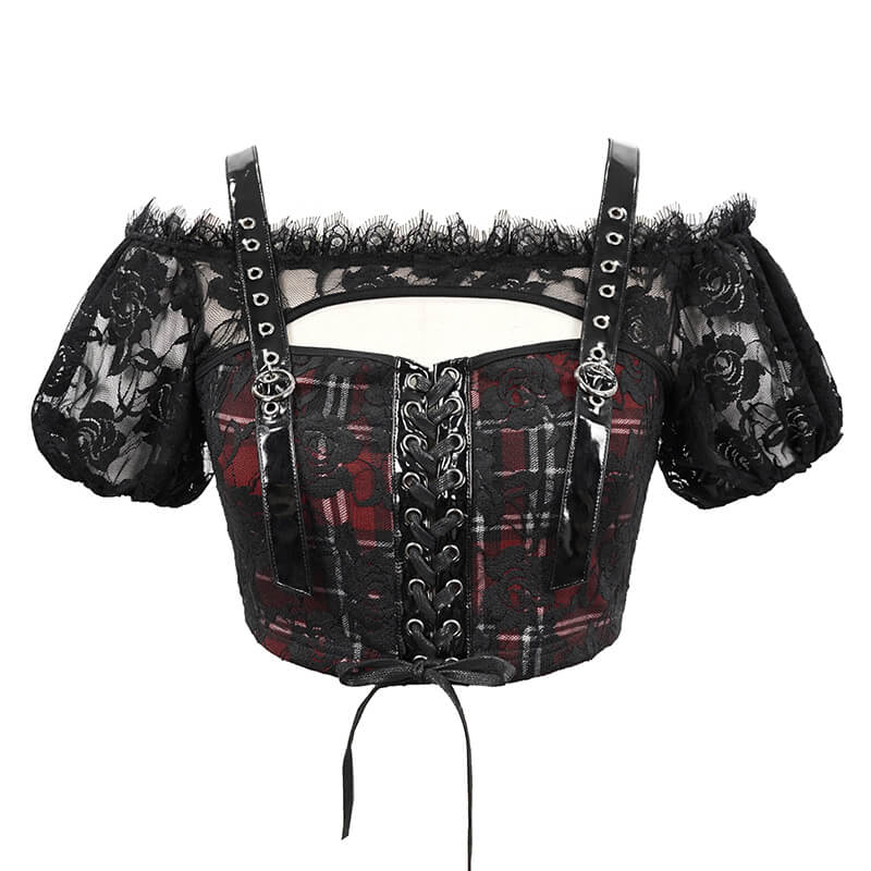 Gothic women's black and red plaid crop top with lace floral pattern and stylish puff sleeves.