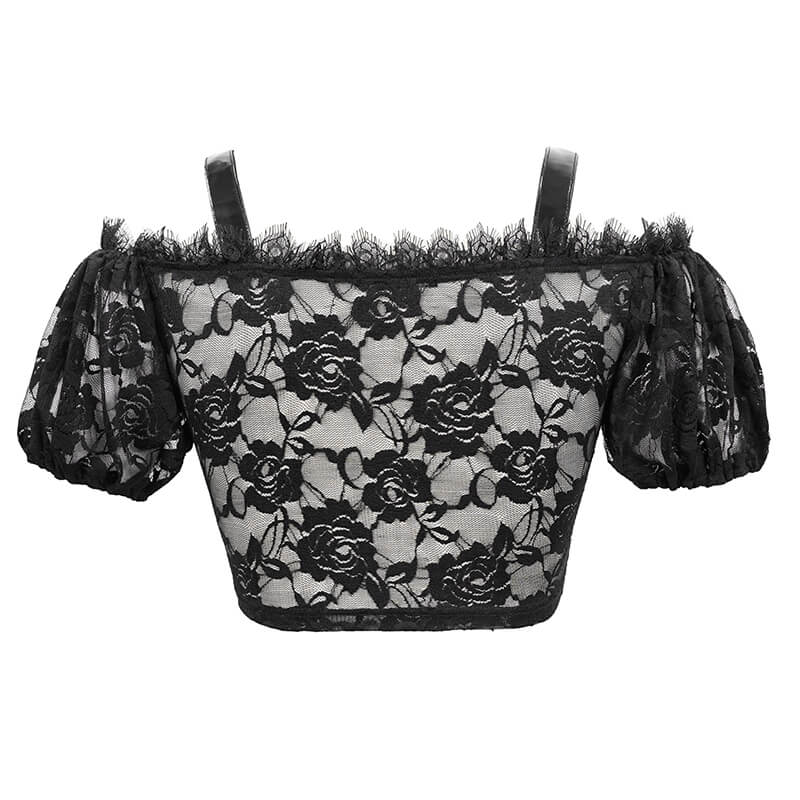 Gothic women's black lace crop top with puff sleeves and floral pattern, perfect for stylish gothic looks.