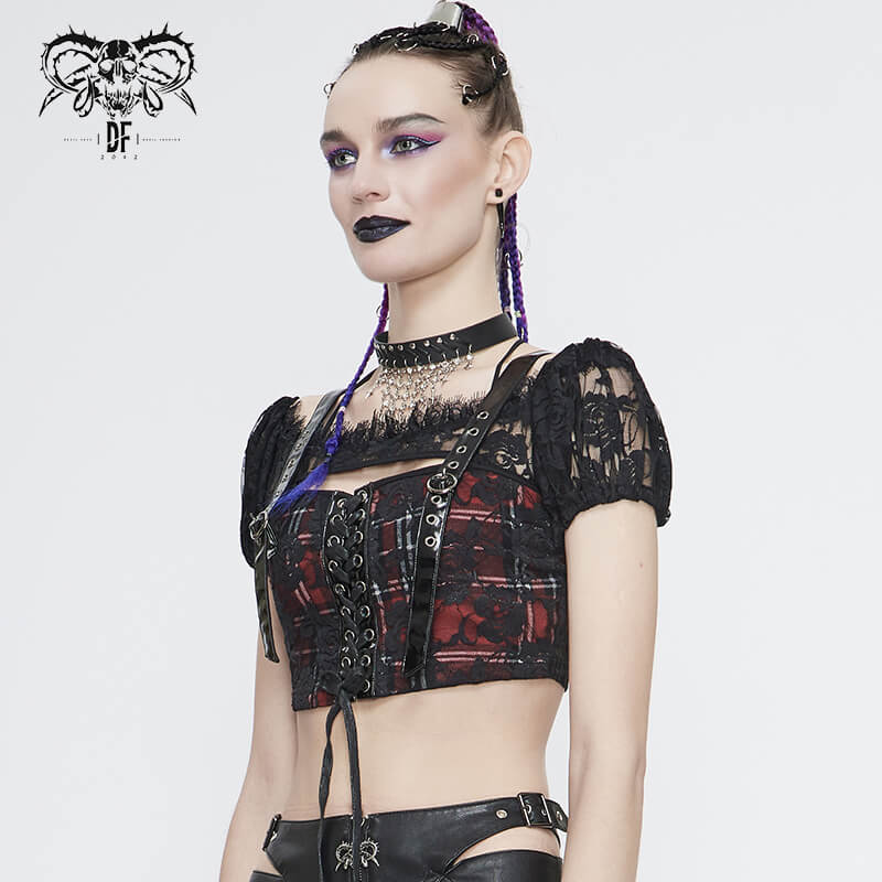 Trendy gothic women's black and red plaid crop top with lace floral pattern and short sleeves, perfectly styled with edgy accessories.