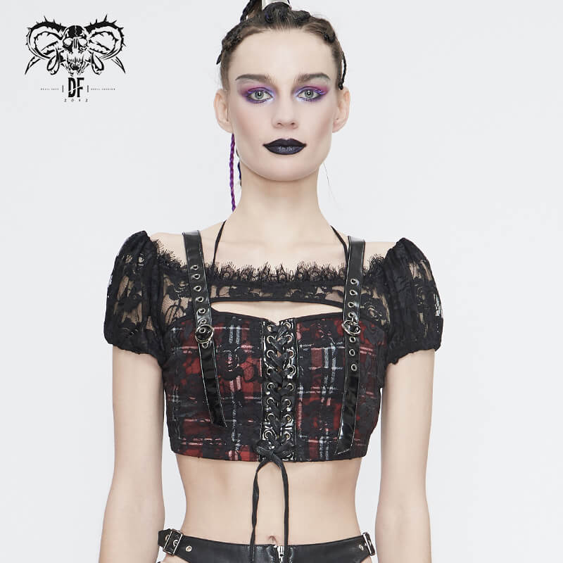 Gothic women's black and red plaid crop top with lace sleeves and unique strap design, perfect for trendy gothic fashion.
