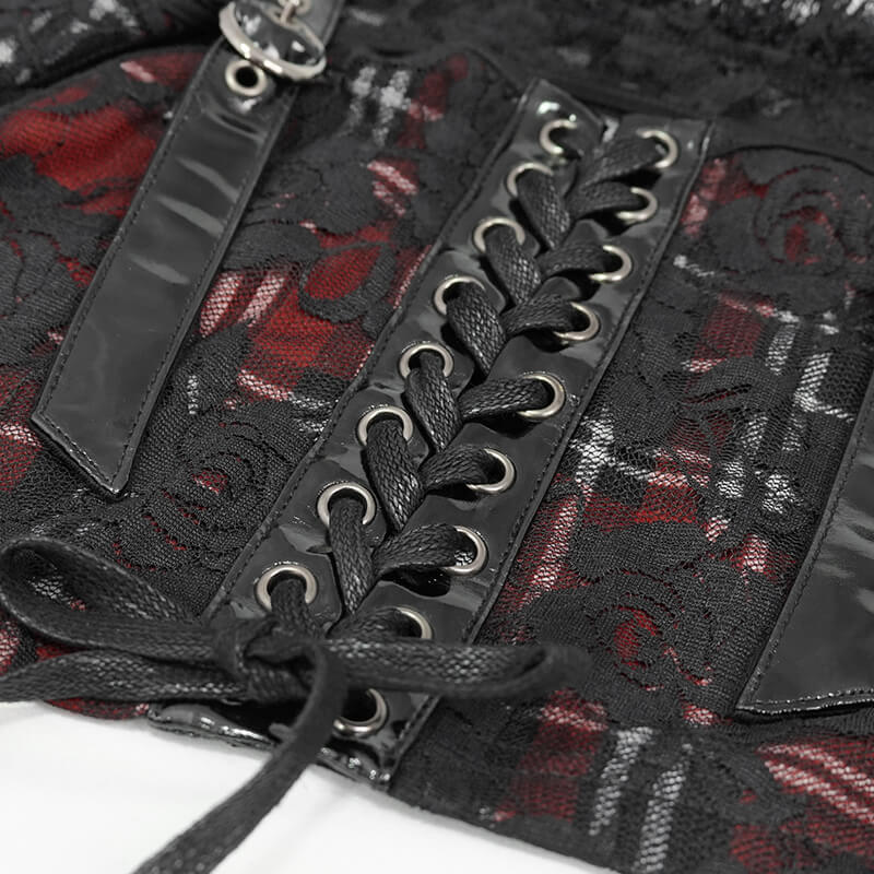 Close-up of a gothic black and red plaid crop top featuring lace detailing and stylish lace-up design.