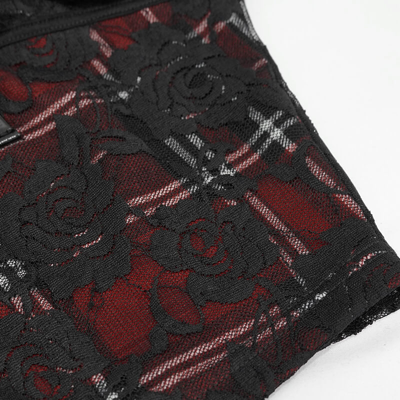 Close-up of black and red plaid lace fabric with floral pattern, perfect for a gothic crop top style.