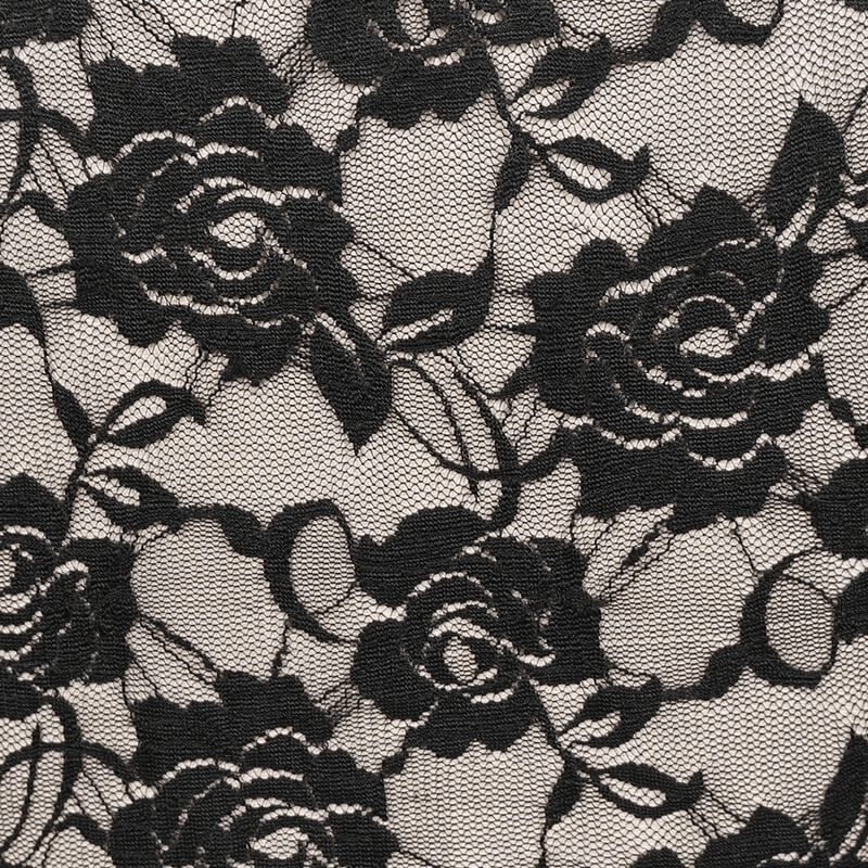 Black lace floral pattern featuring elegant roses on a soft background, perfect for gothic-inspired fashion.