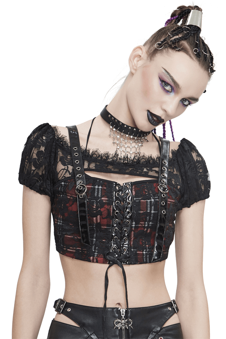 Gothic women's black and red plaid crop top with lace sleeves and stylish short sleeves, perfect for trendy looks.
