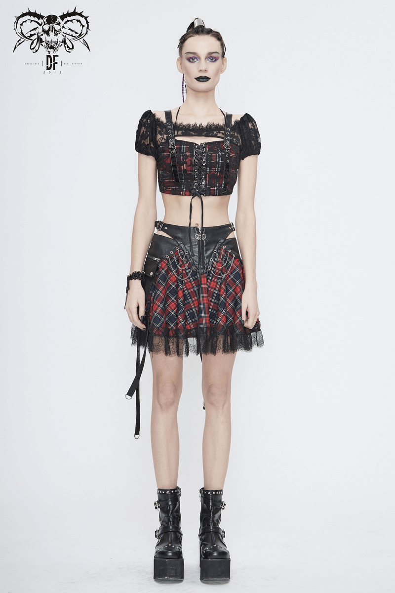 Gothic women's black and red plaid crop top paired with a stylish skirt, exuding trendy gothic fashion.