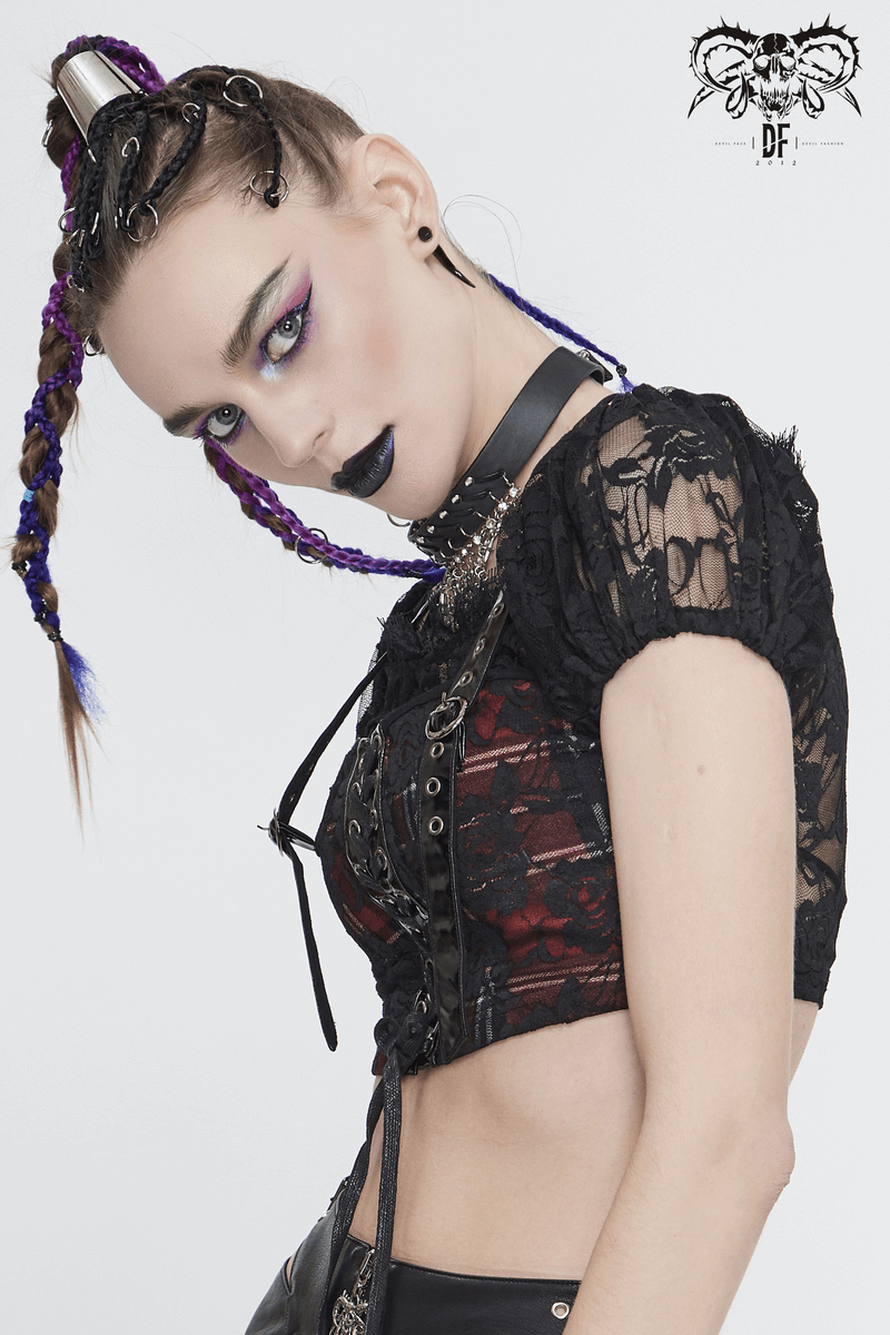 Gothic women's black and red plaid crop top with stylish lace and short sleeves, perfect for trendy outfits.
