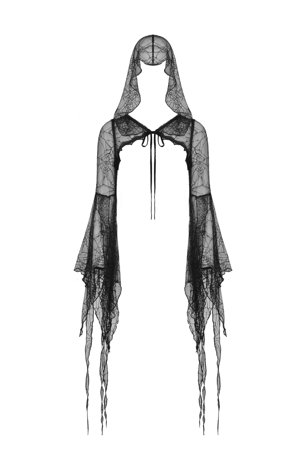 Gothic women's sheer black lace hooded cape with flowing sleeves for dramatic elegance and intrigue.