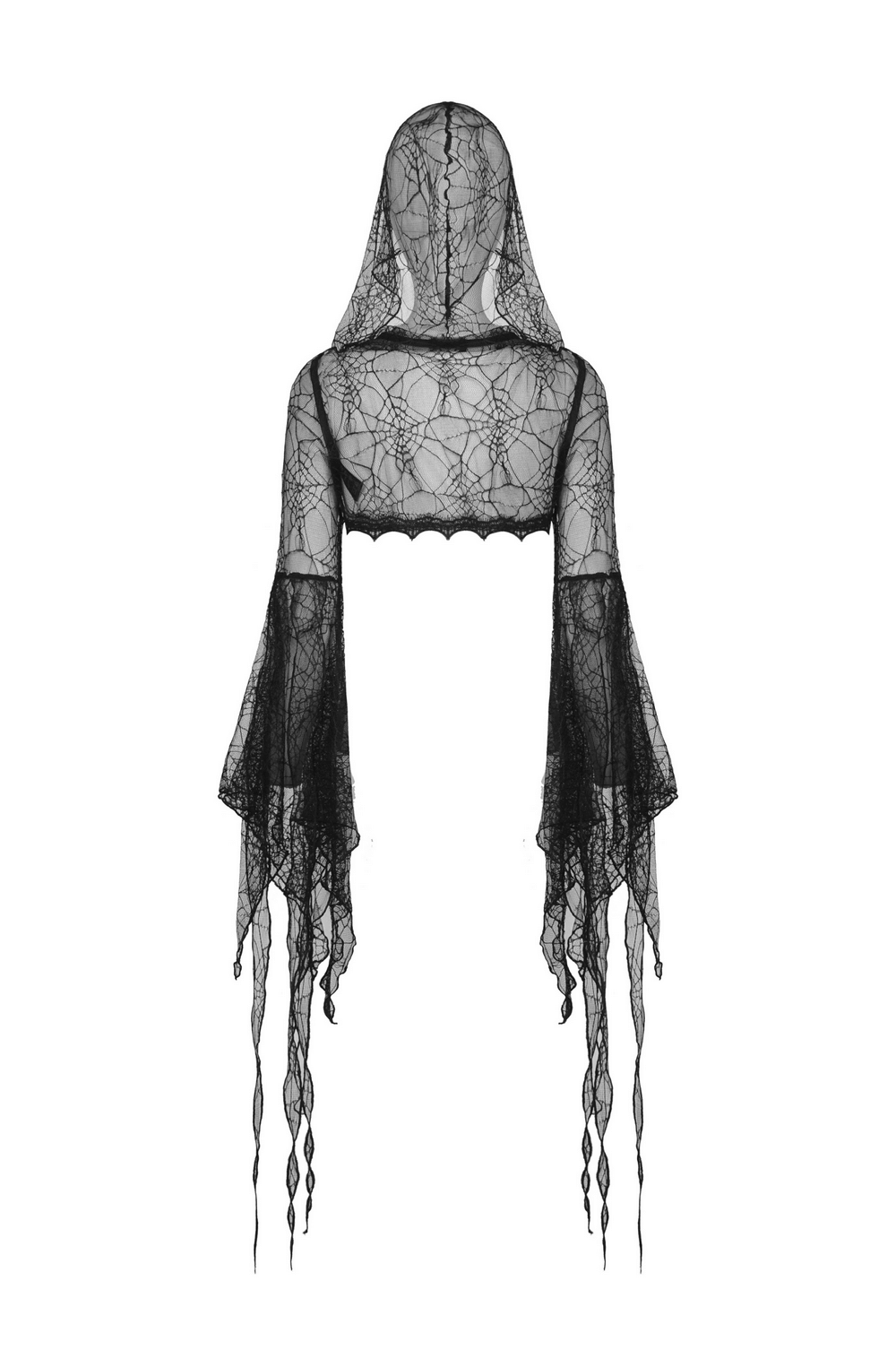Gothic black sheer lace hooded cape for women, dramatic and elegant design for Halloween or cosplay.