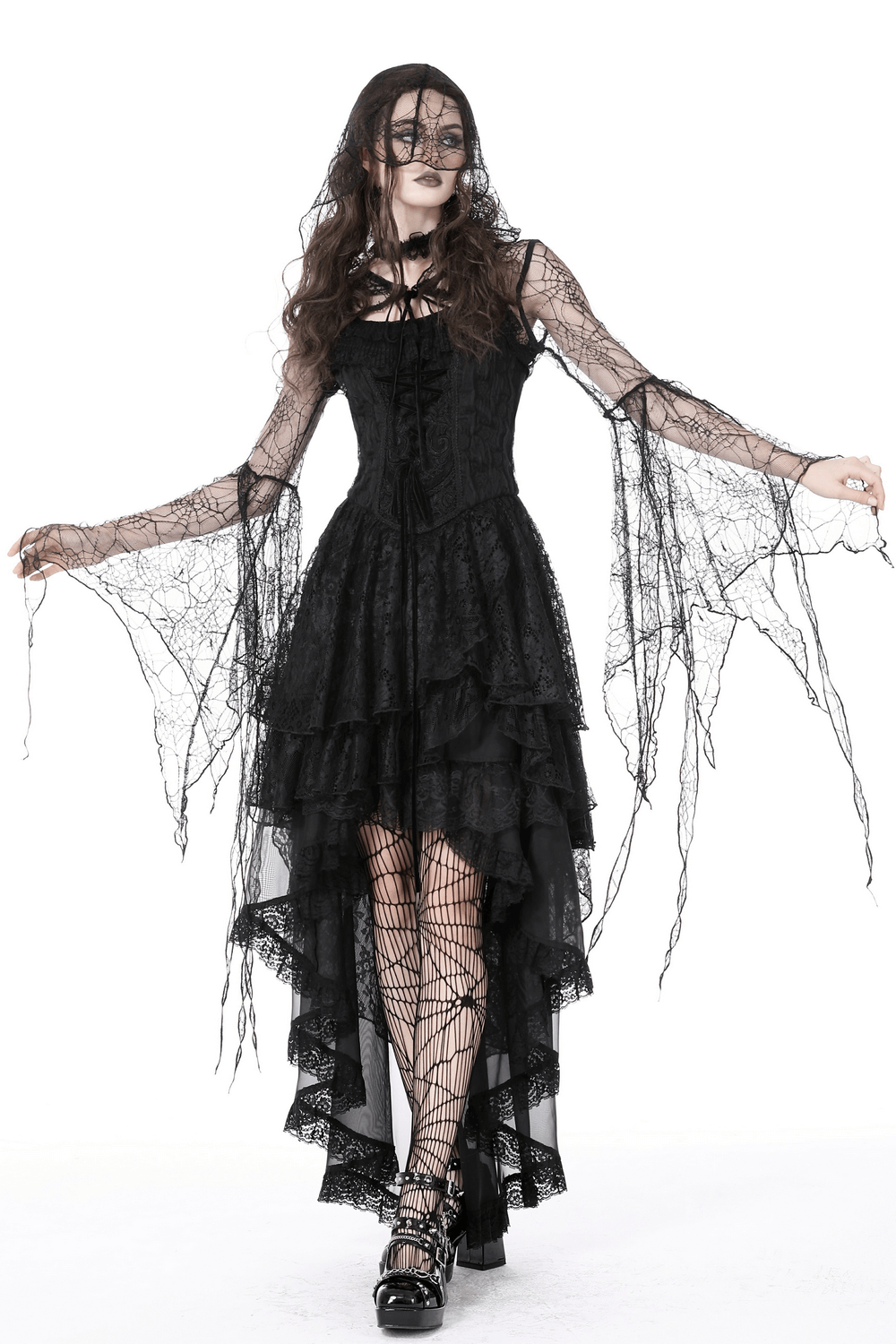 Gothic women's black sheer lace hooded cape dress with dramatic sleeves and veil for mysterious elegance.