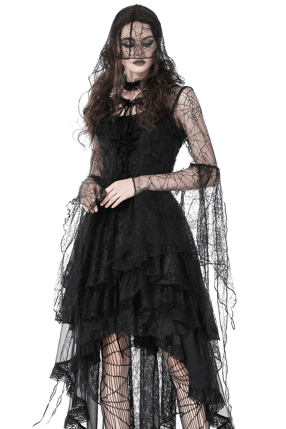 Gothic women's black sheer lace hooded cape over an elegant layered black dress, perfect for Halloween or cosplay.