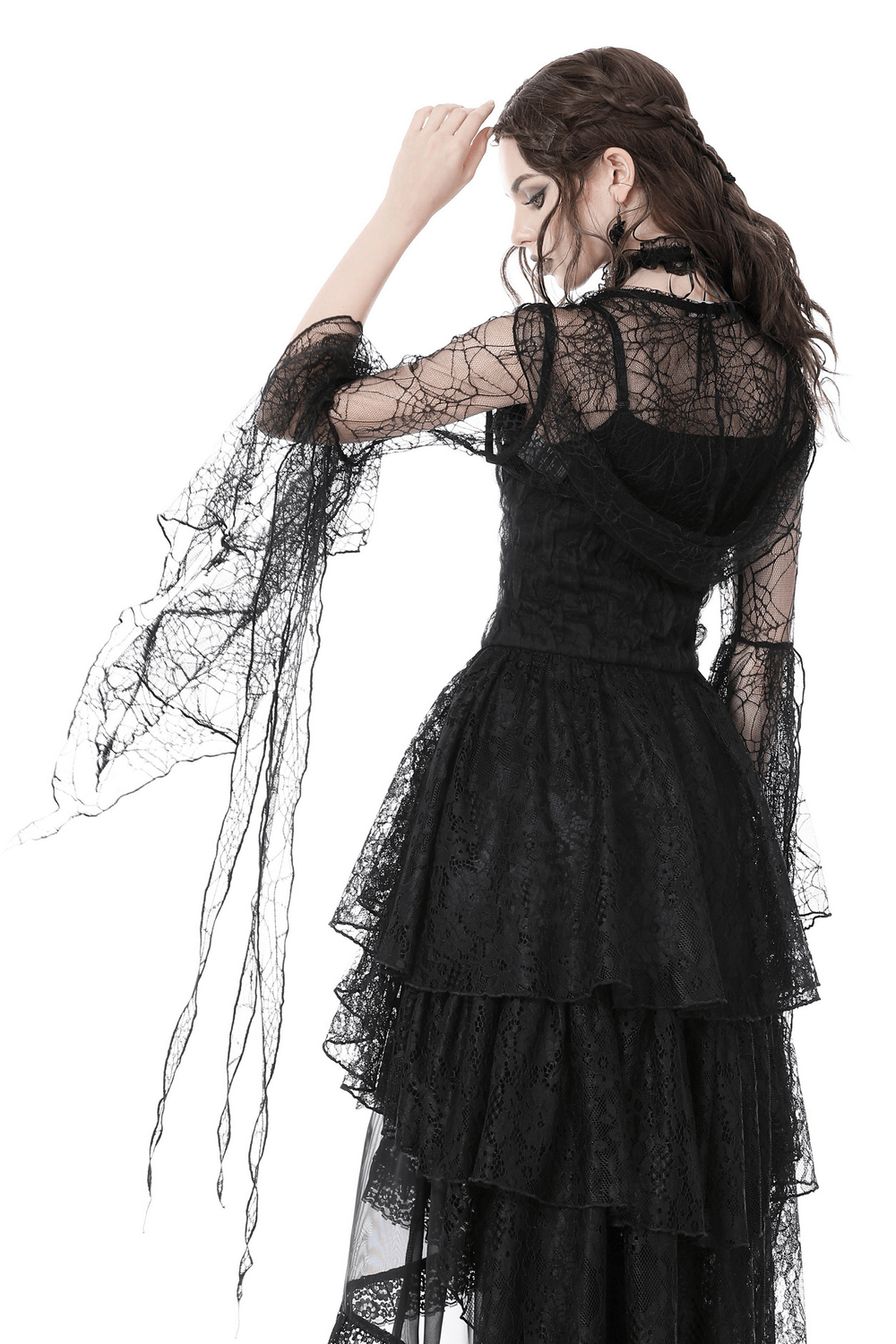 Gothic women's black sheer lace cape with hood for a dramatic and mysterious look.