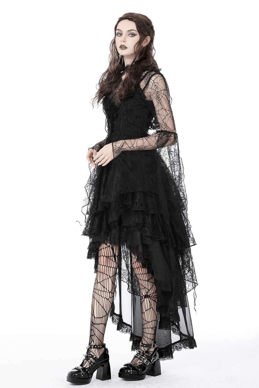 Gothic women's black sheer lace cape and dress outfit with dramatic hood and layered skirt.